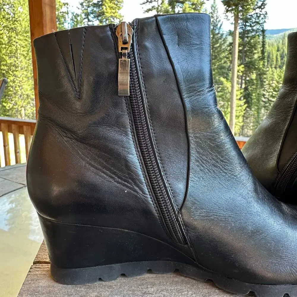 Spring Step RAVEL Black Leather Wedge Ankle Boots SZ 38 SOFT Lined Comfort Shoe